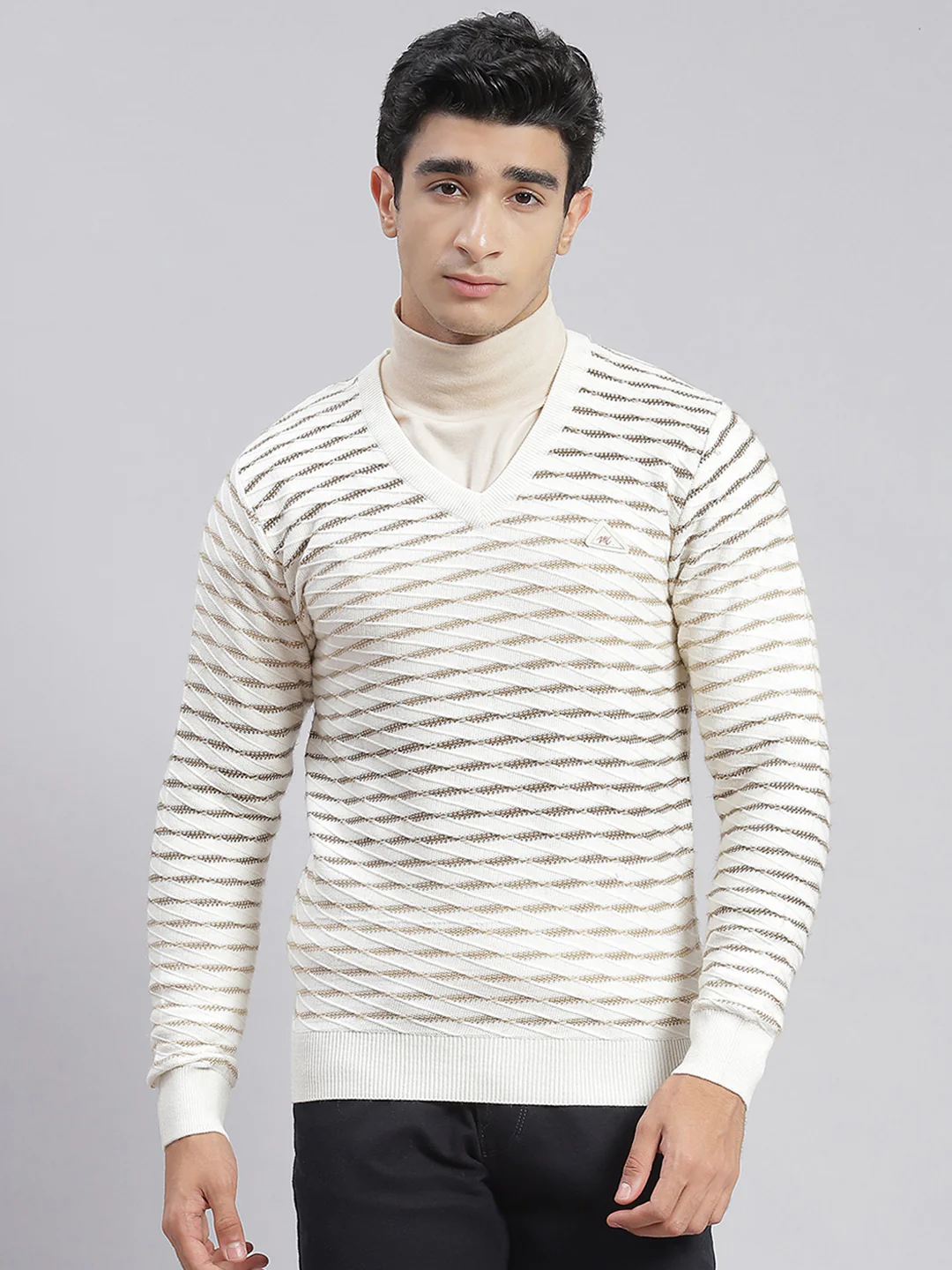Men White Self Design V Neck Full Sleeve Sweaters/Pullovers - Image 3