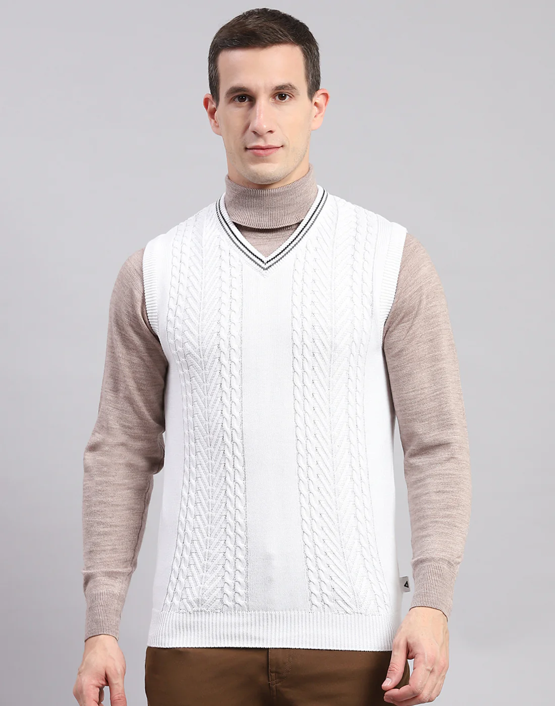 Men White Self Design V Neck Sleeveless Sweaters/Pullovers - Image 2