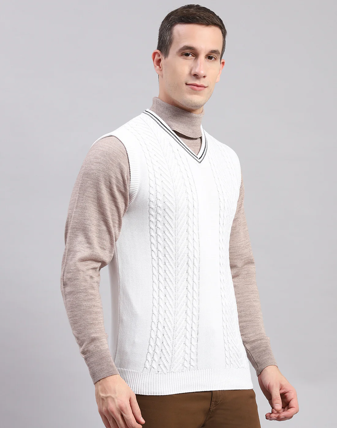 Men White Self Design V Neck Sleeveless Sweaters/Pullovers - Image 4