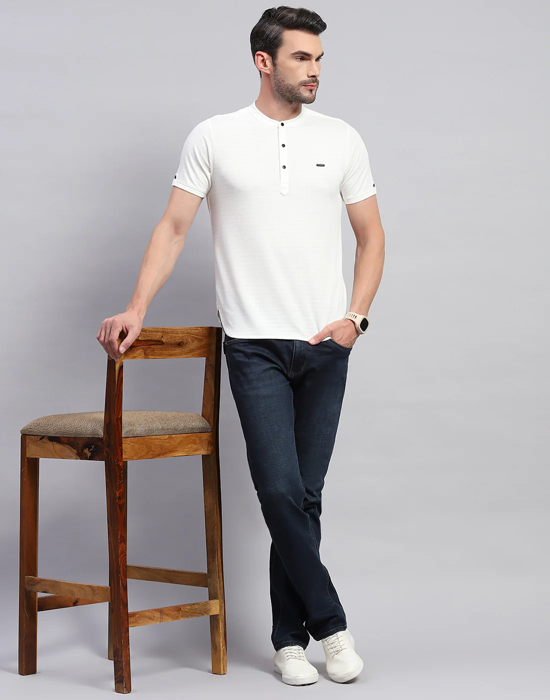 Men White Solid Band Collar Half Sleeve T-Shirt - Image 2