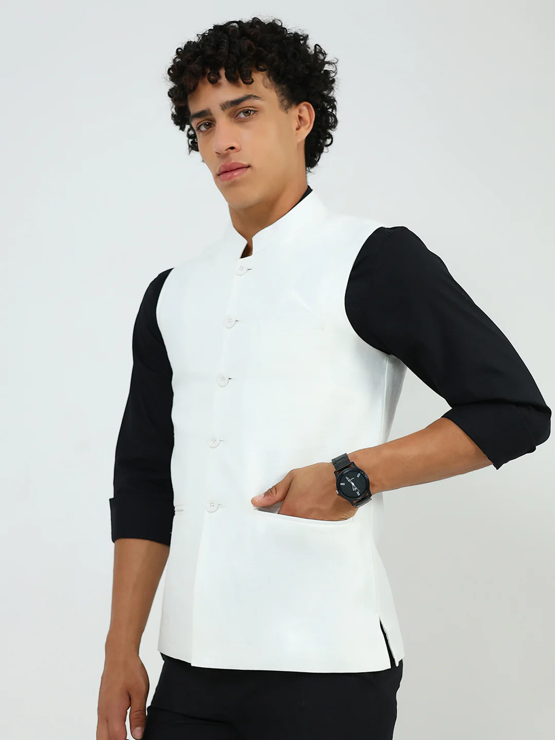 Men White Solid Band Neck Sleeveless Nehru Jacket - Image 3