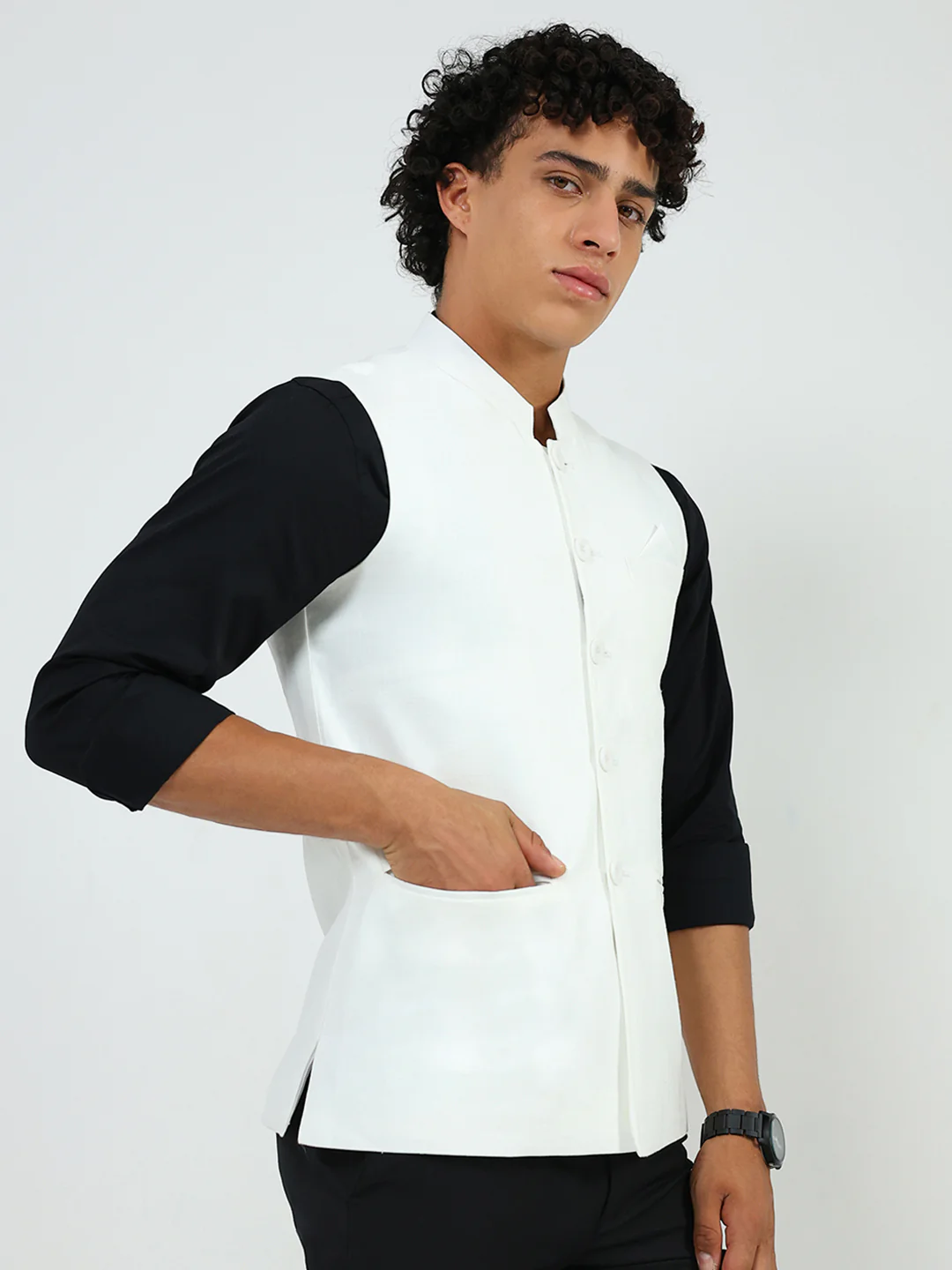 Men White Solid Band Neck Sleeveless Nehru Jacket - Image 4