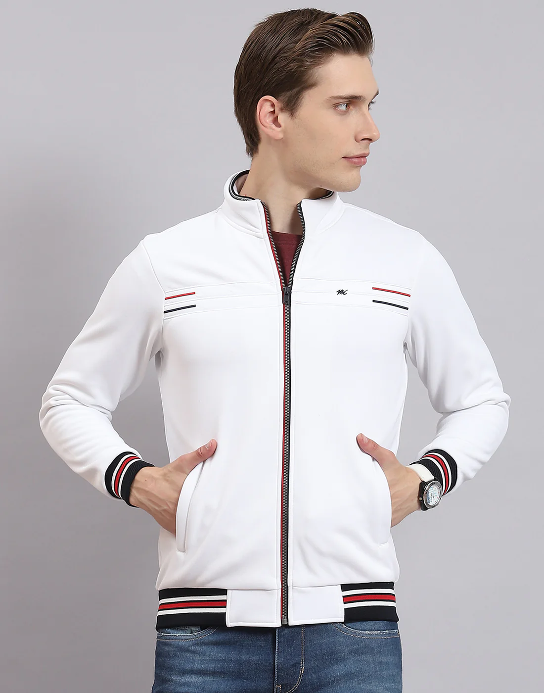 Men White Solid Collar Full Sleeve Sweatshirt - Image 2