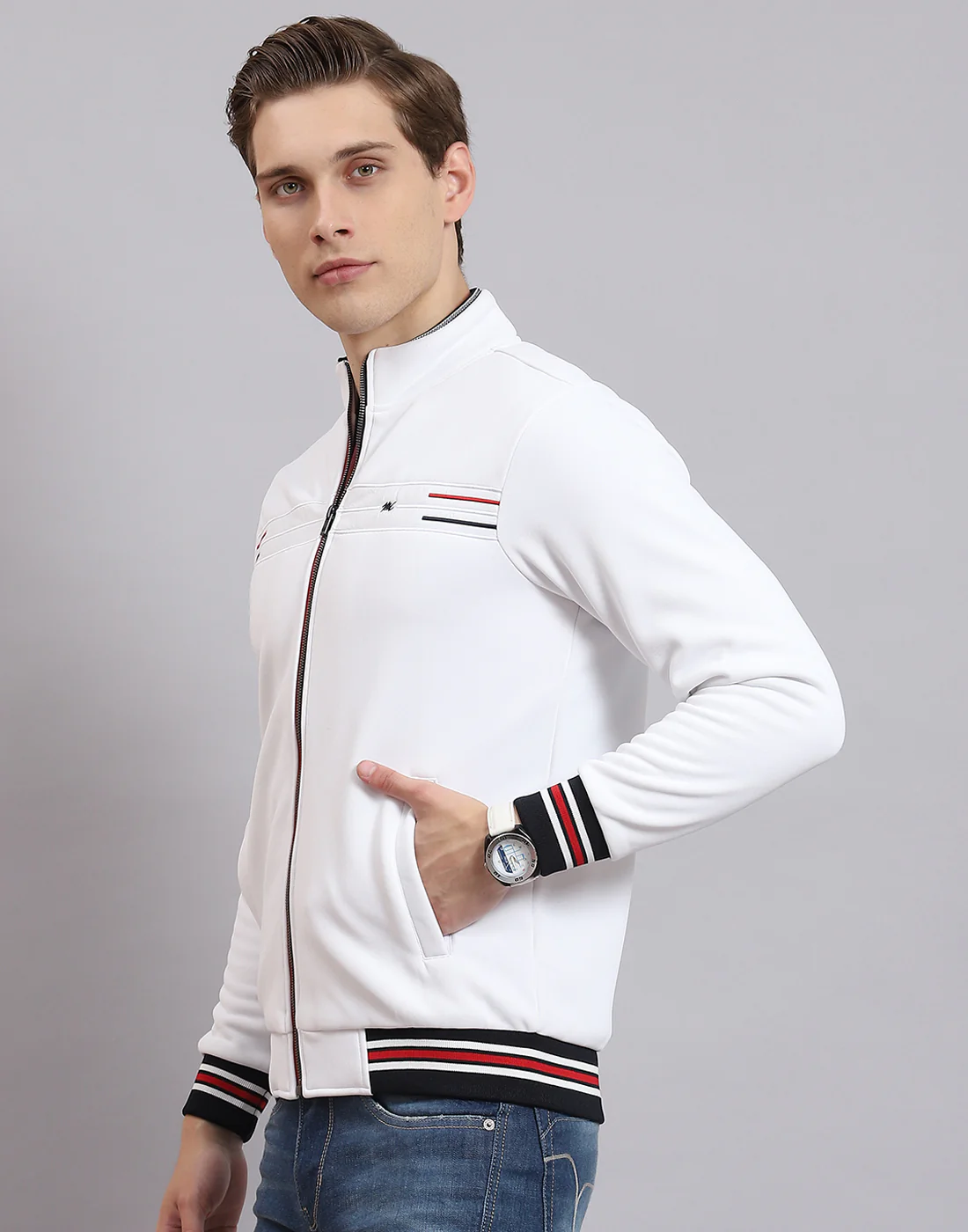 Men White Solid Collar Full Sleeve Sweatshirt - Image 3