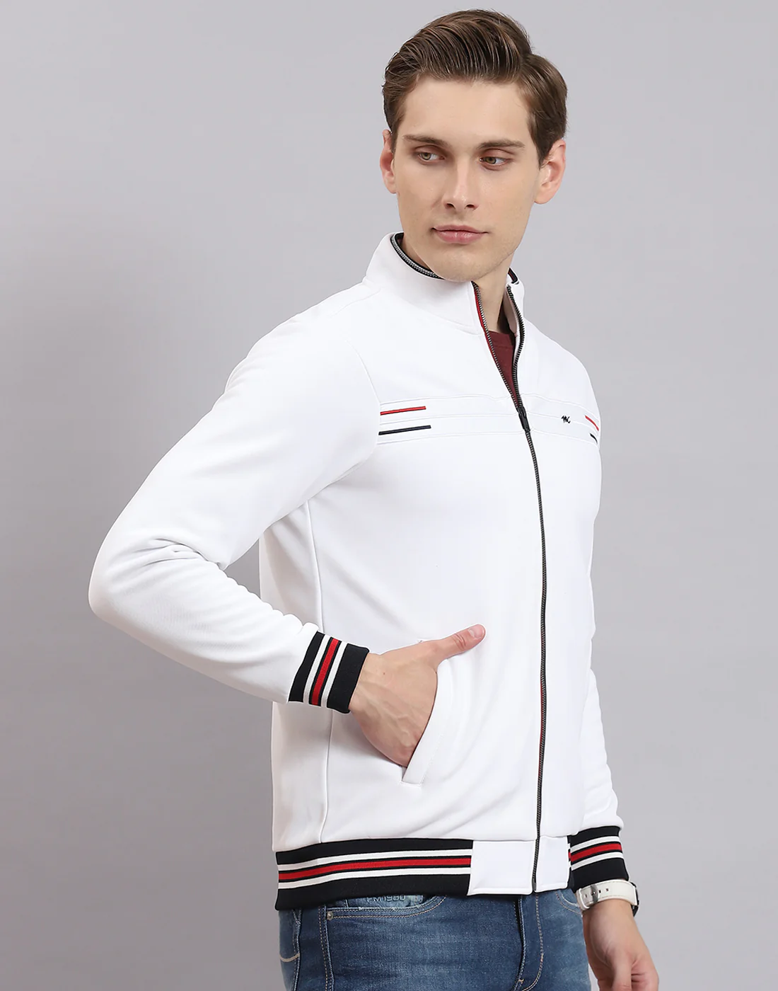 Men White Solid Collar Full Sleeve Sweatshirt - Image 4