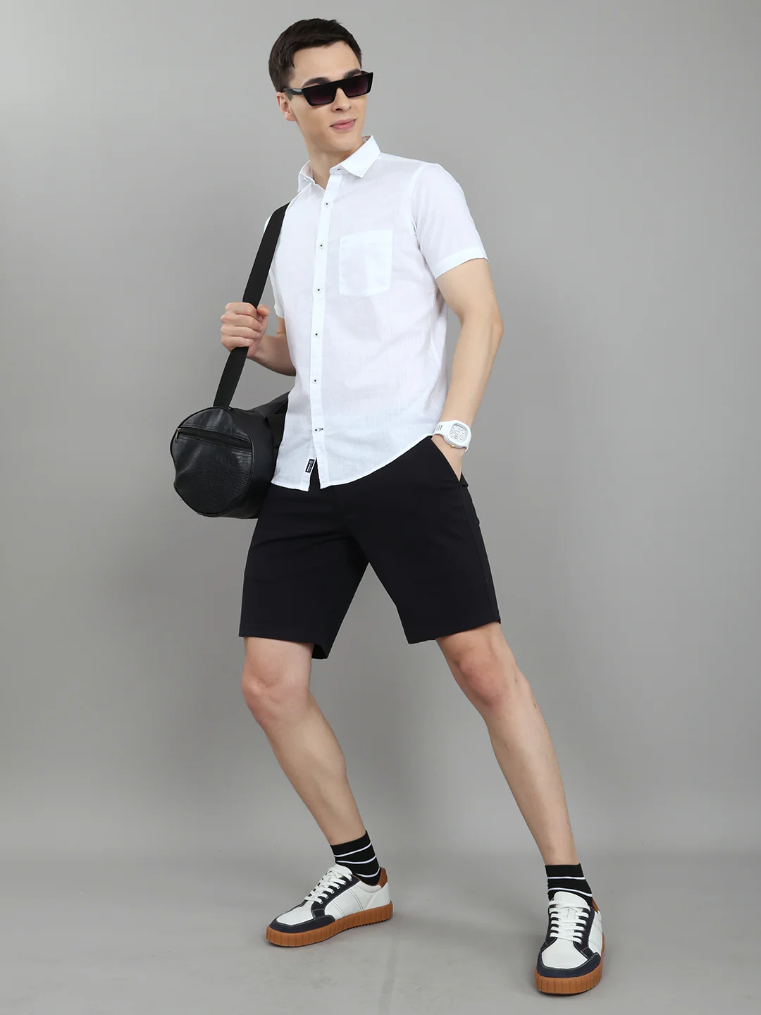 Men White Solid Collar Half Sleeve Shirt - Image 7