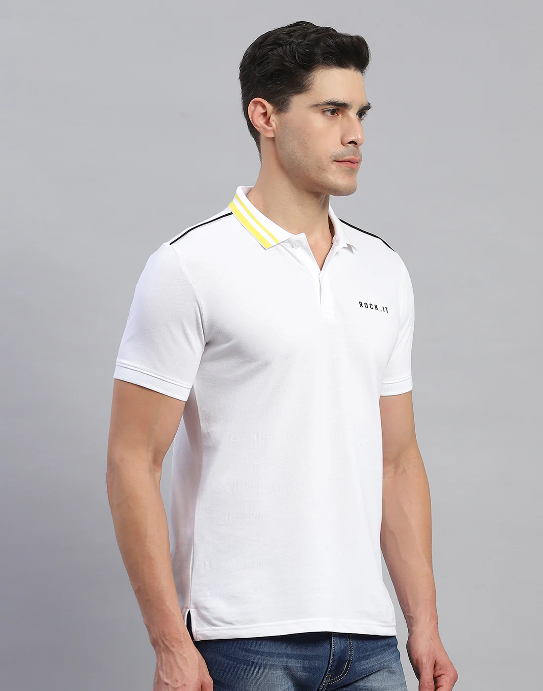 Rock.it Men White Solid Collar Half Sleeve T-Shirt - Image 4