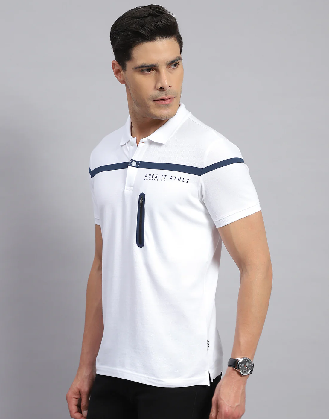 Rock.it Men White Solid Collar Half Sleeve T-Shirt - Image 3