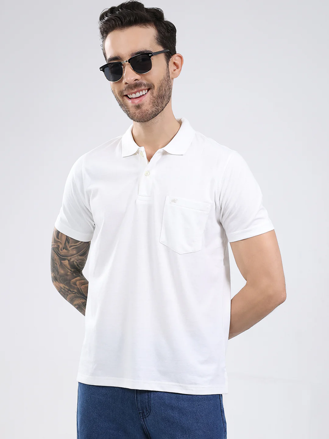Men White Solid Collar Half Sleeve T-Shirt - Image 6