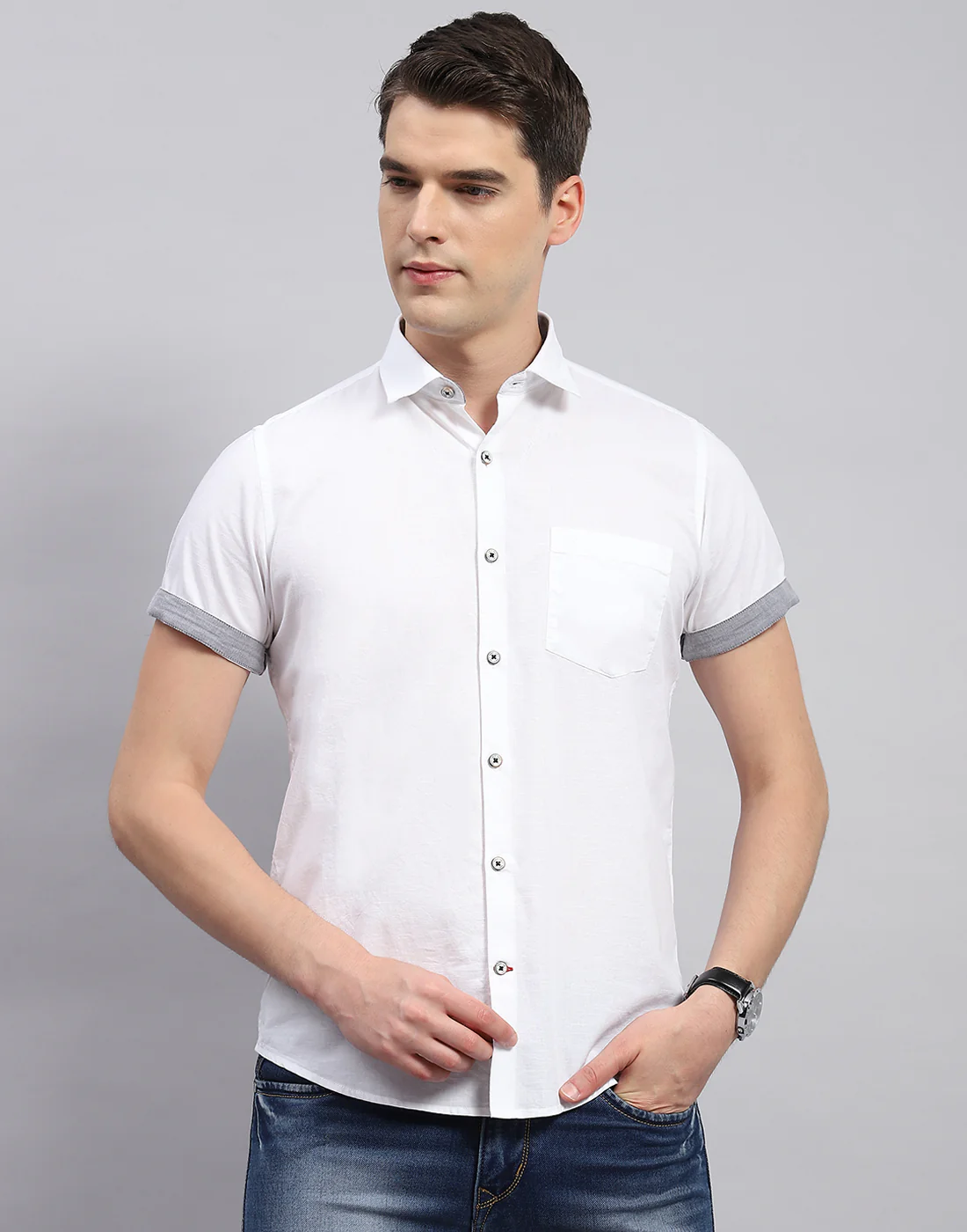 Men White Solid Collar Neck Half Sleeve Shirt - Image 3