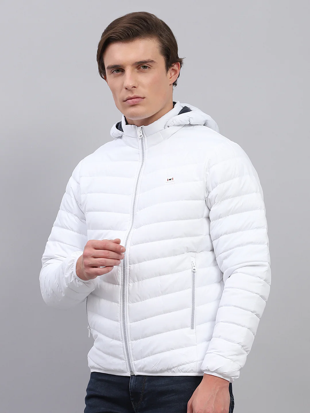 Men White Solid Detachable Hood Full Sleeve Jacket - Image 3