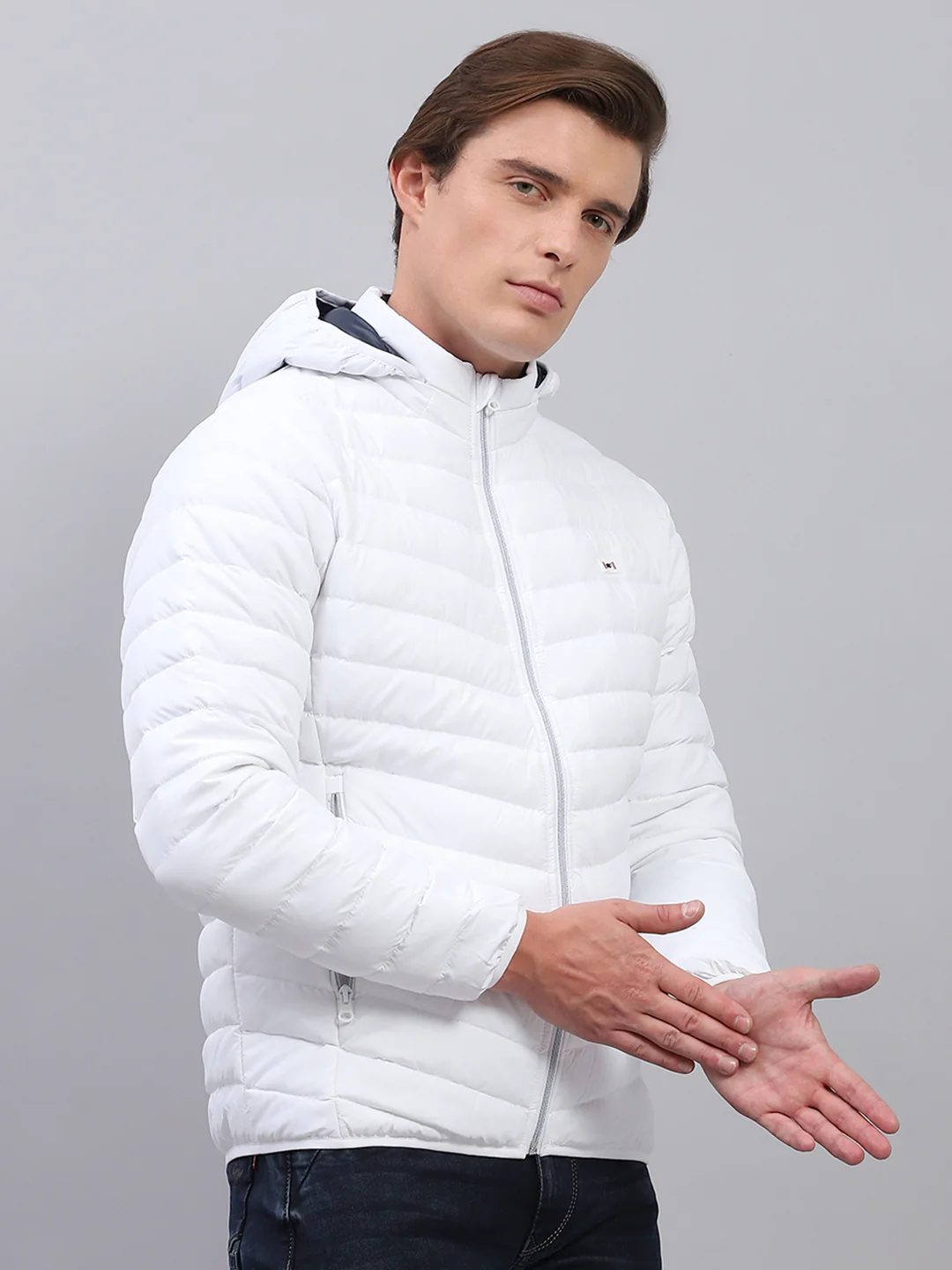 Men White Solid Detachable Hood Full Sleeve Jacket - Image 4