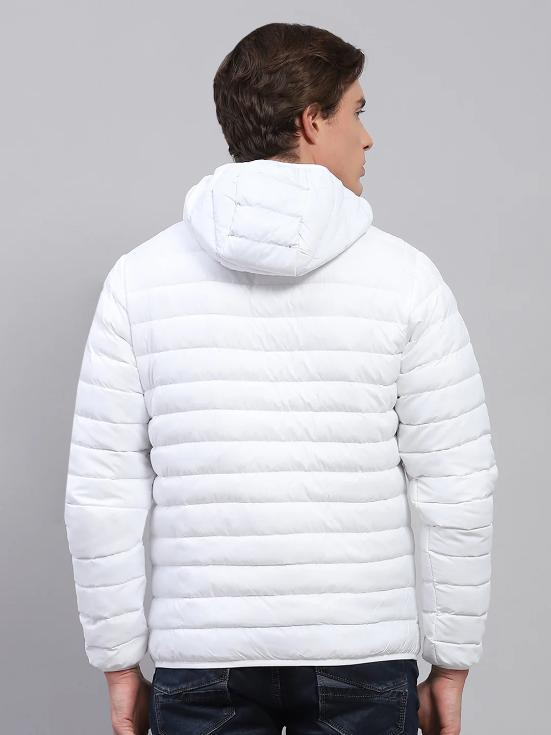 Men White Solid Detachable Hood Full Sleeve Jacket - Image 5