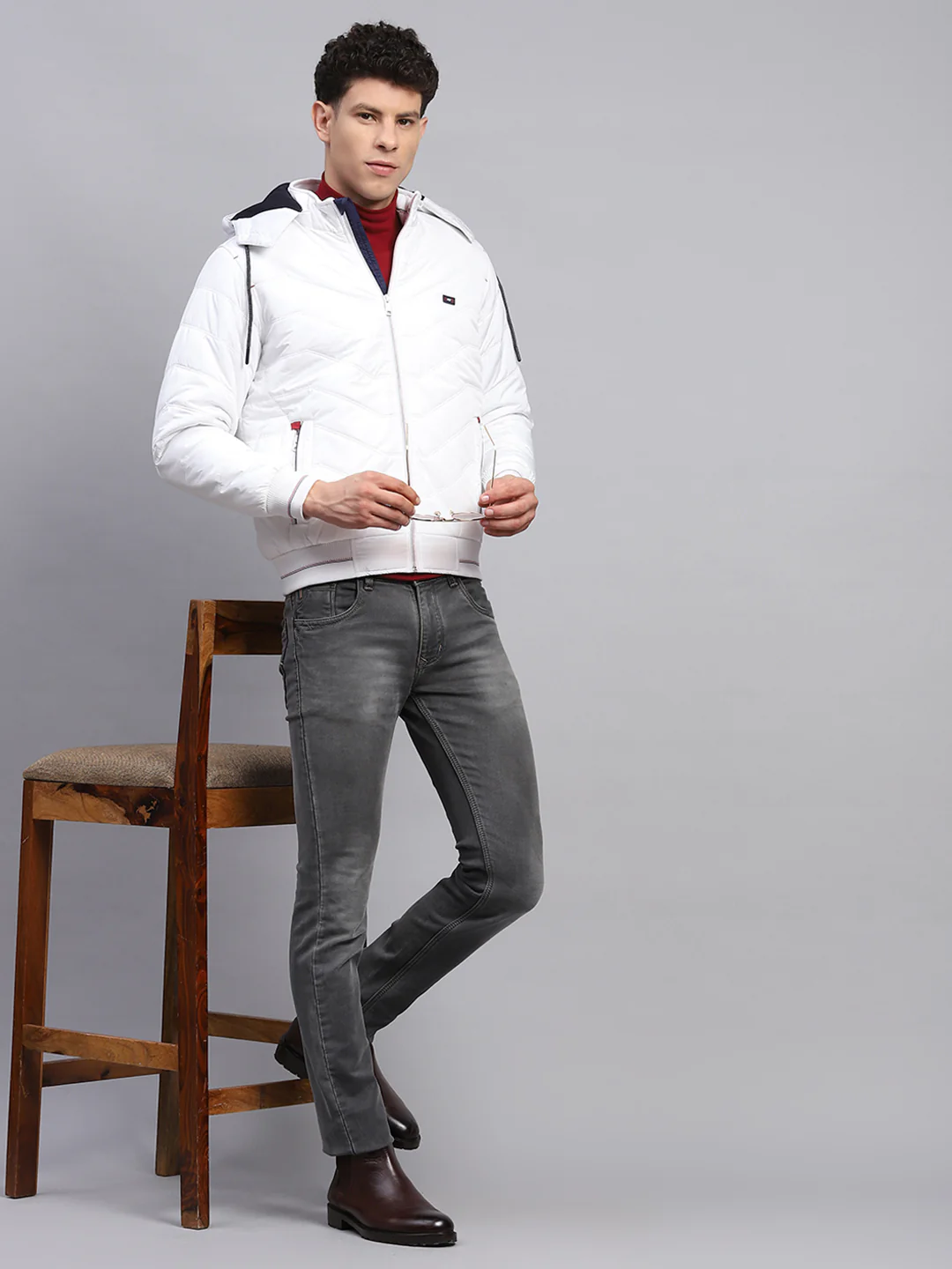 Men White Solid Detachable Hood Full Sleeve Jacket - Image 2
