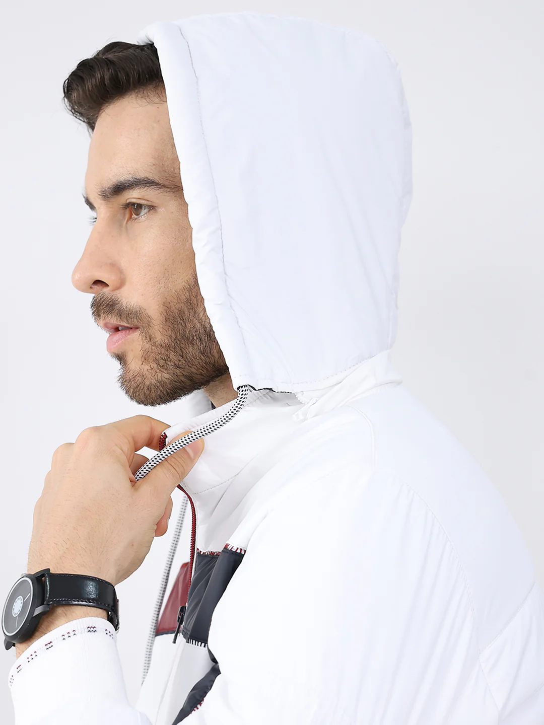 Men White Solid Detachable Hood Full Sleeve Jacket - Image 8