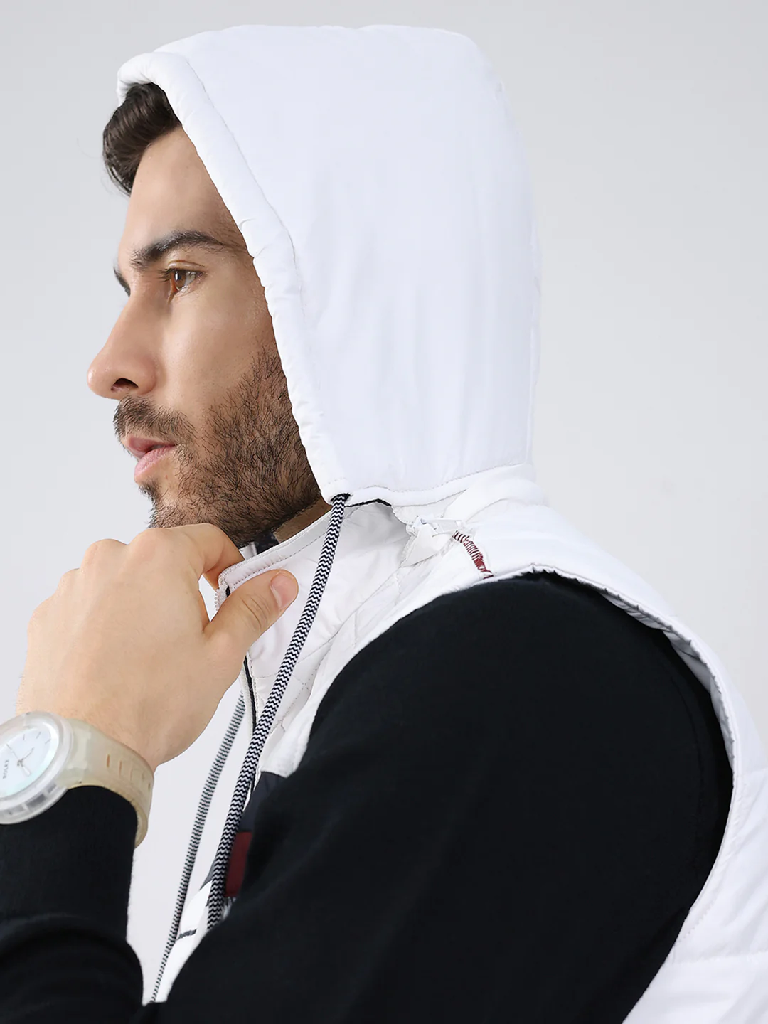 Men White Solid Detachable Hood Sleeveless Jacket - Image 7
