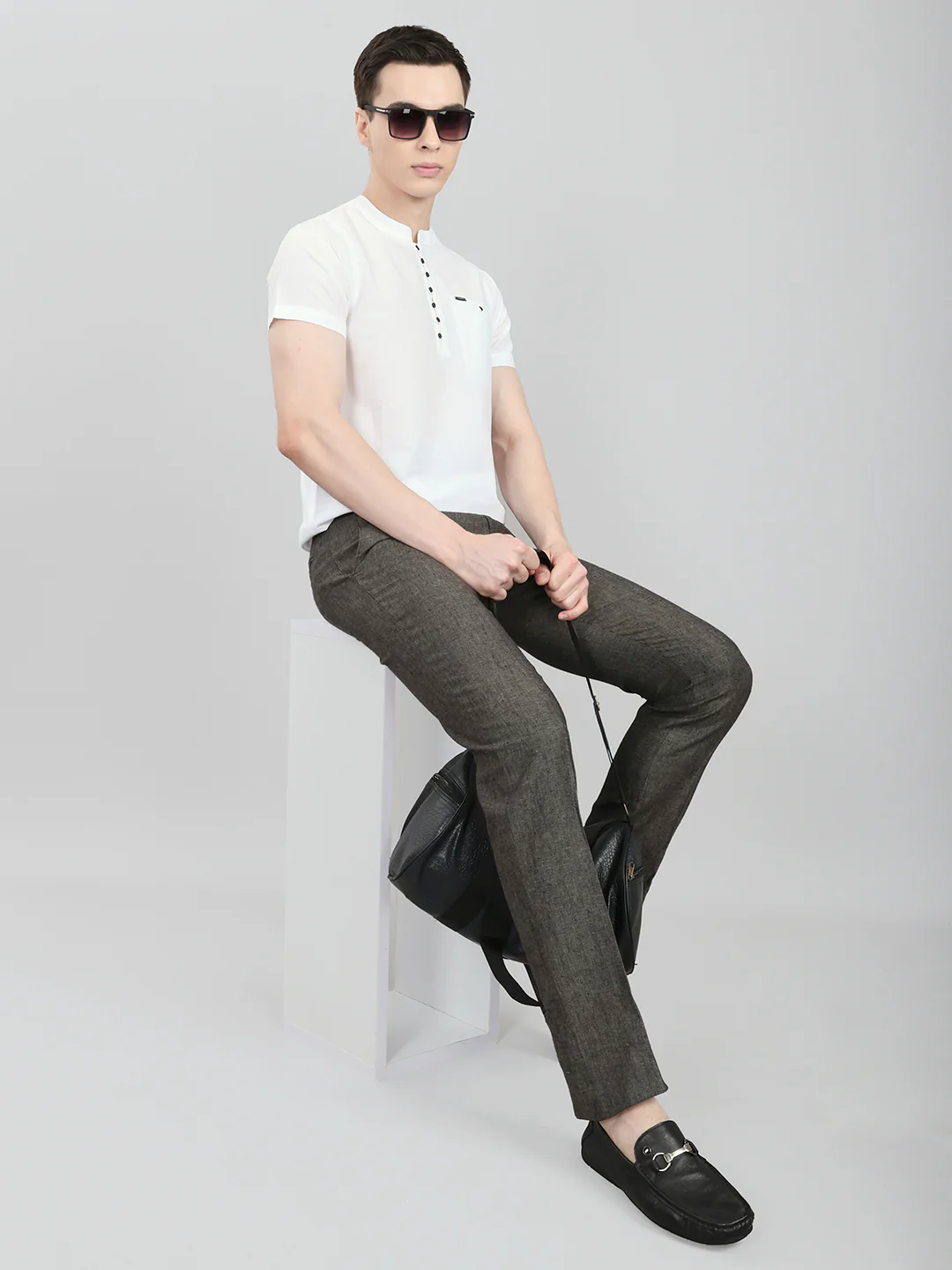 Men White Solid Henley Neck Half Sleeve Kurta - Image 6