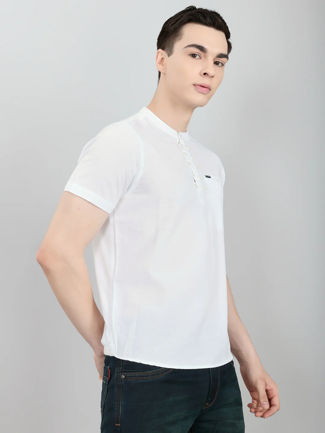 Men White Solid Henley Neck Half Sleeve T-Shirt - Image 3