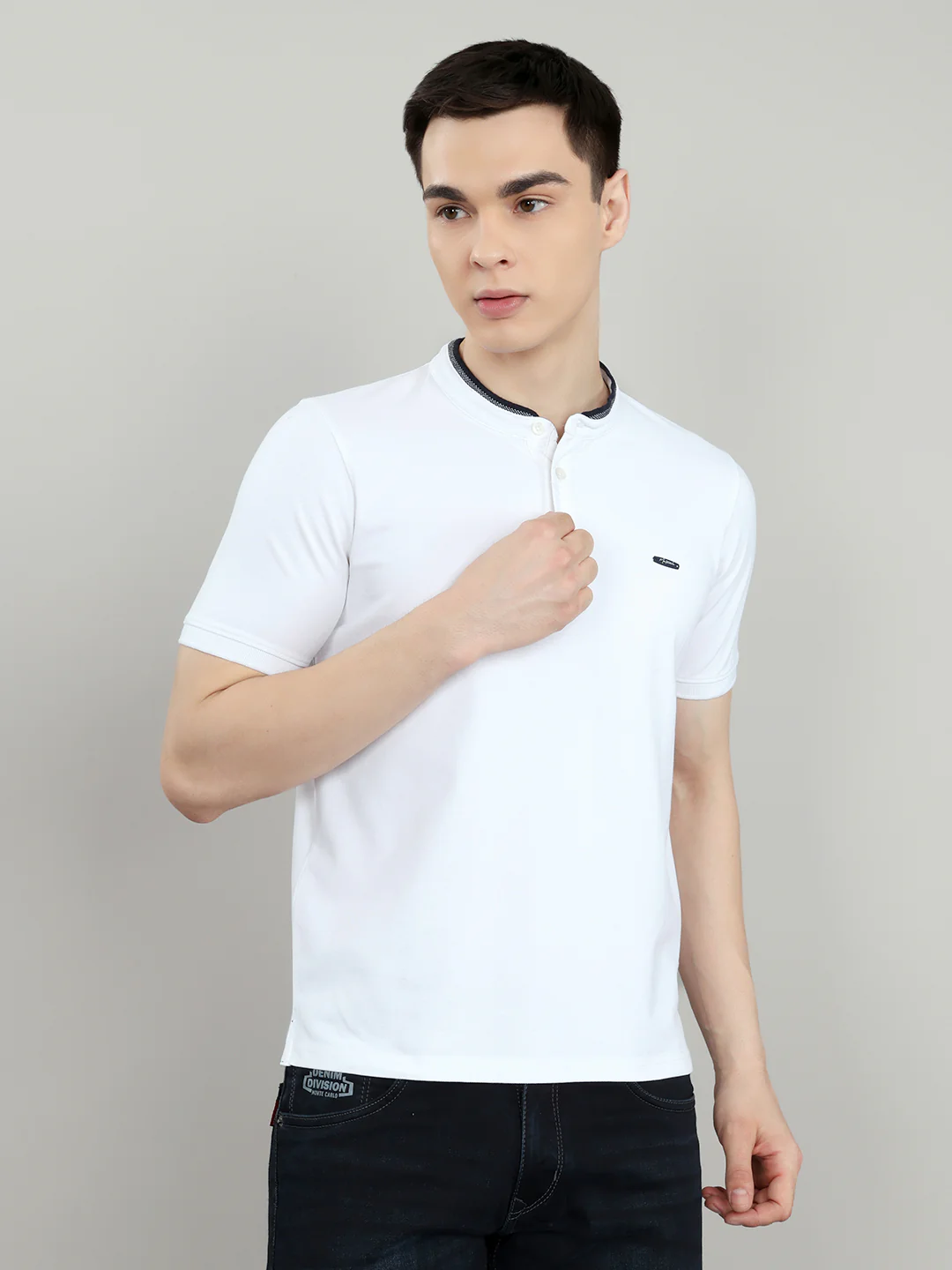 Men White Solid Henley Neck Half Sleeve T-Shirt - Image 2