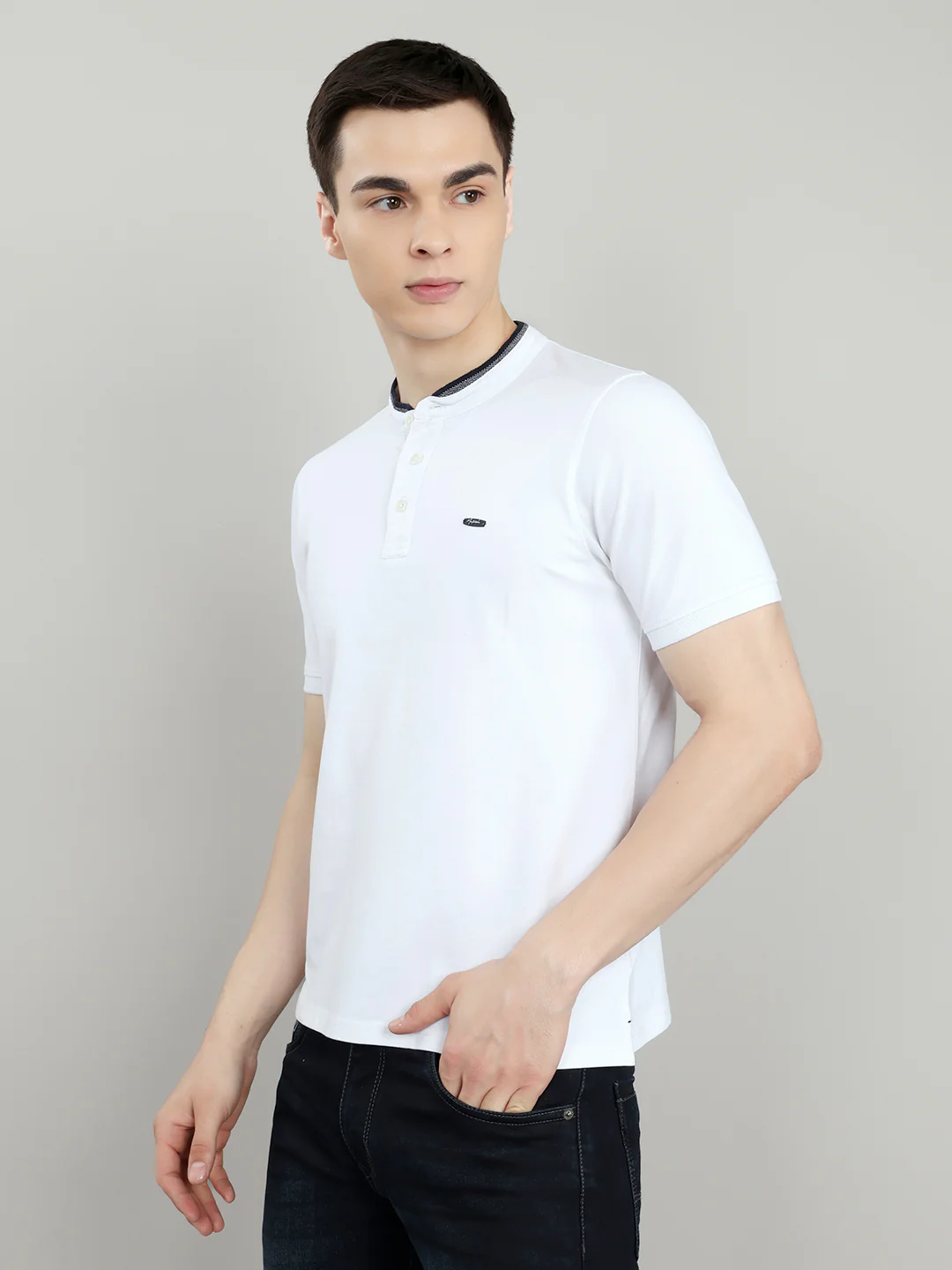 Men White Solid Henley Neck Half Sleeve T-Shirt - Image 3