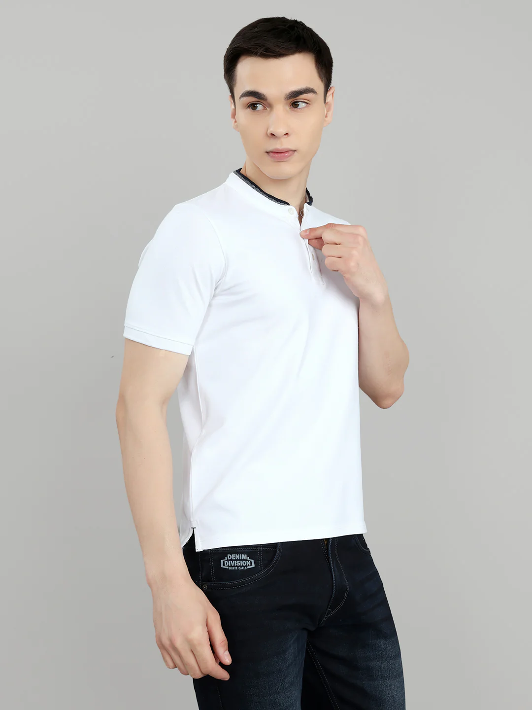 Men White Solid Henley Neck Half Sleeve T-Shirt - Image 4