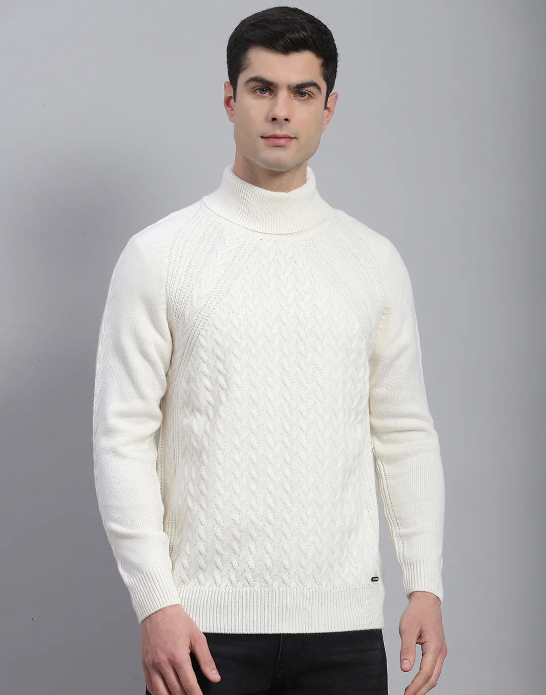 Men White Solid High Neck Full Sleeve Pullover - Image 2