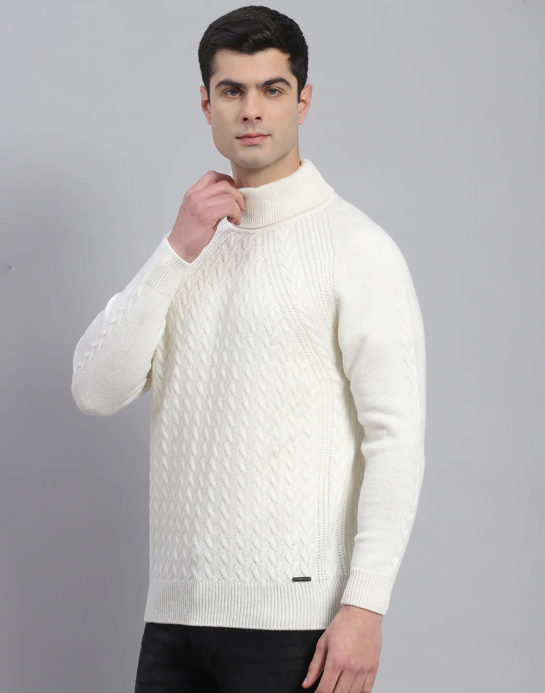 Men White Solid High Neck Full Sleeve Pullover - Image 3