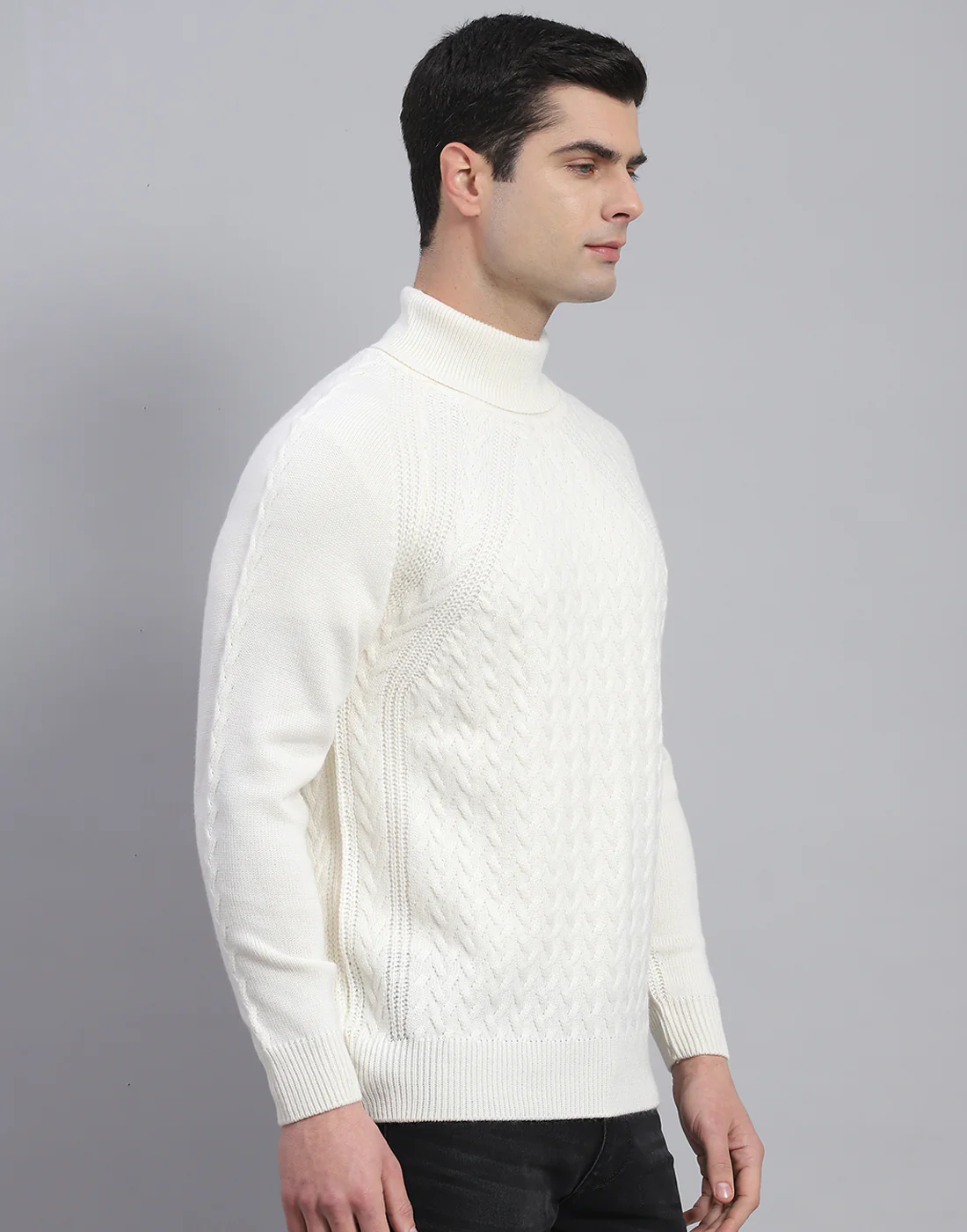 Men White Solid High Neck Full Sleeve Pullover - Image 4