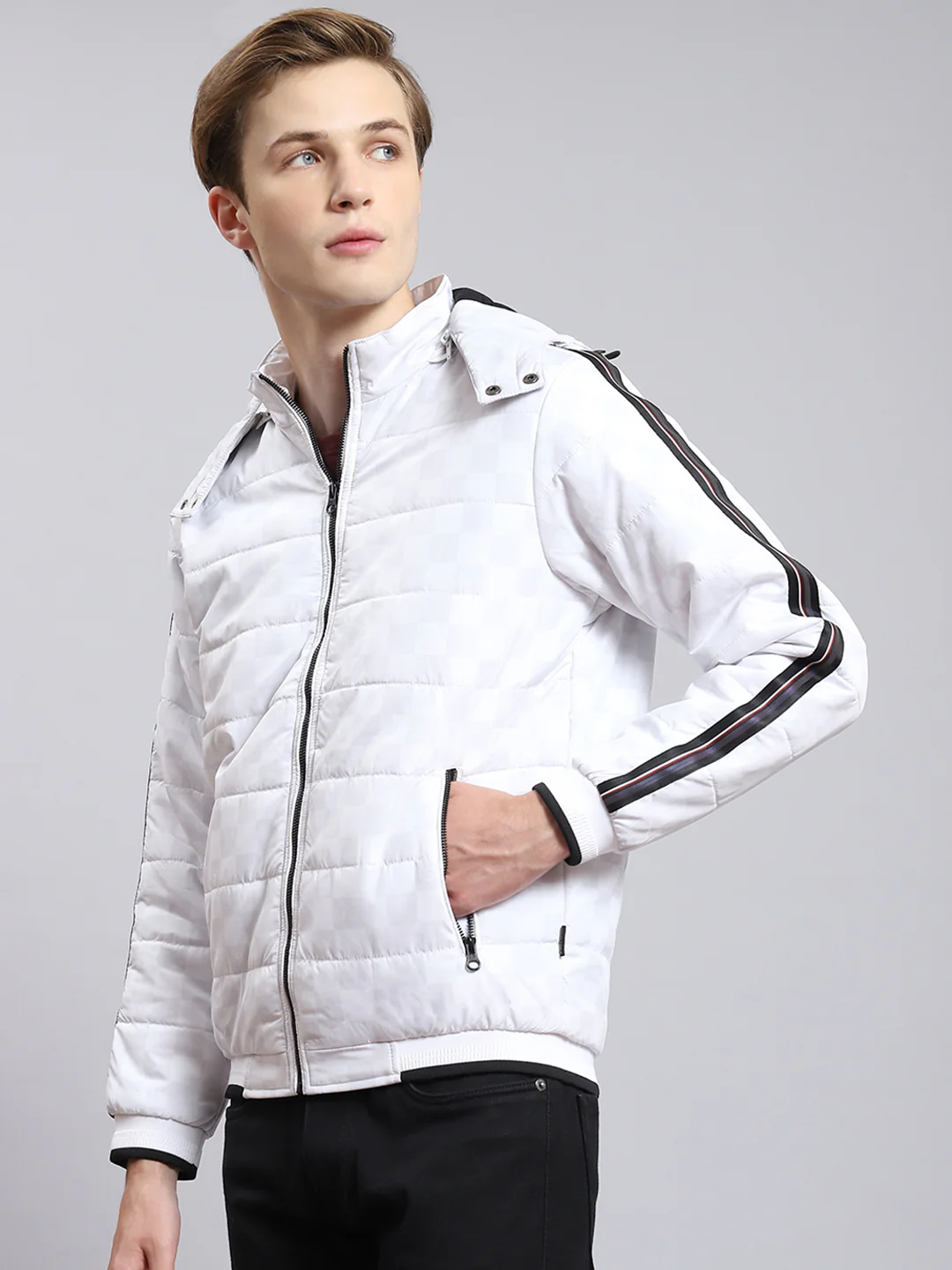 Men White Solid Hooded Full Sleeve Jacket - Image 2