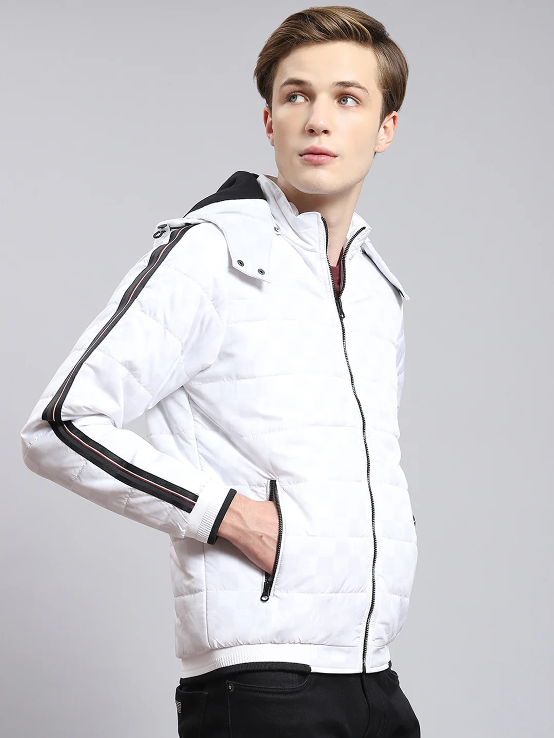Men White Solid Hooded Full Sleeve Jacket - Image 3