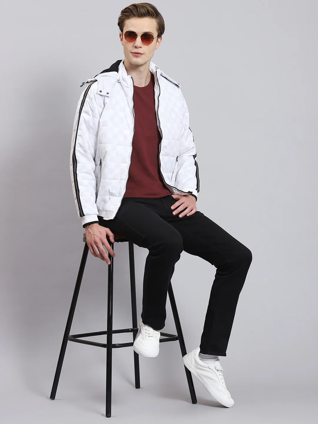 Men White Solid Hooded Full Sleeve Jacket - Image 5