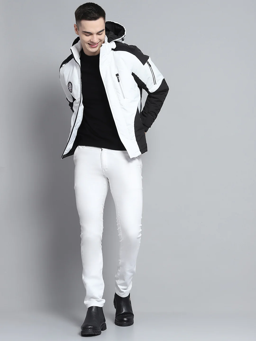 Men White Solid Hooded Full Sleeve Jacket - Image 2