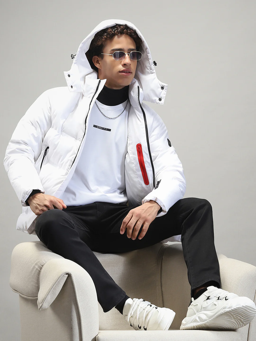Men White Solid Hooded Full Sleeve Jacket - Image 2