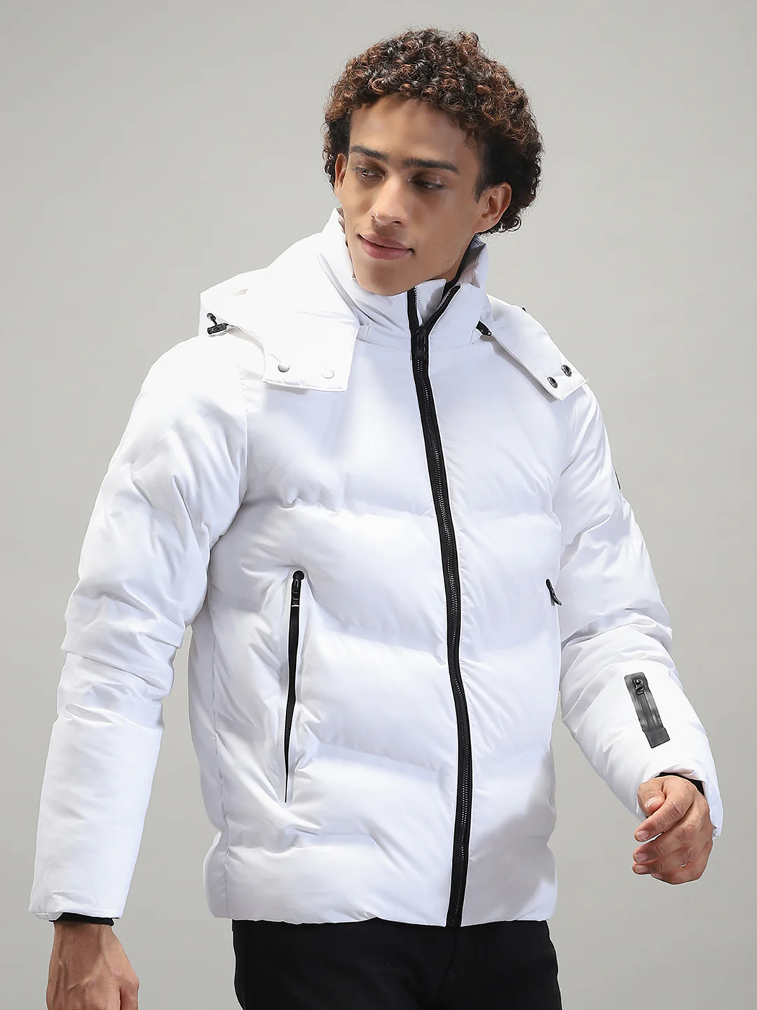 Men White Solid Hooded Full Sleeve Jacket - Image 4