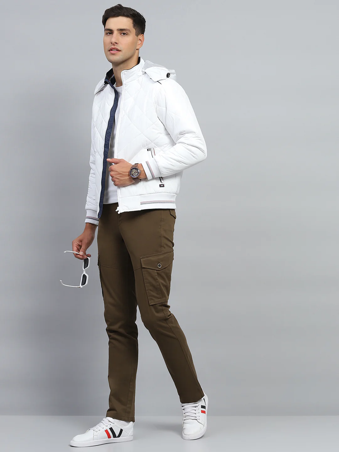 Men White Solid Hooded Full Sleeve Jacket - Image 2