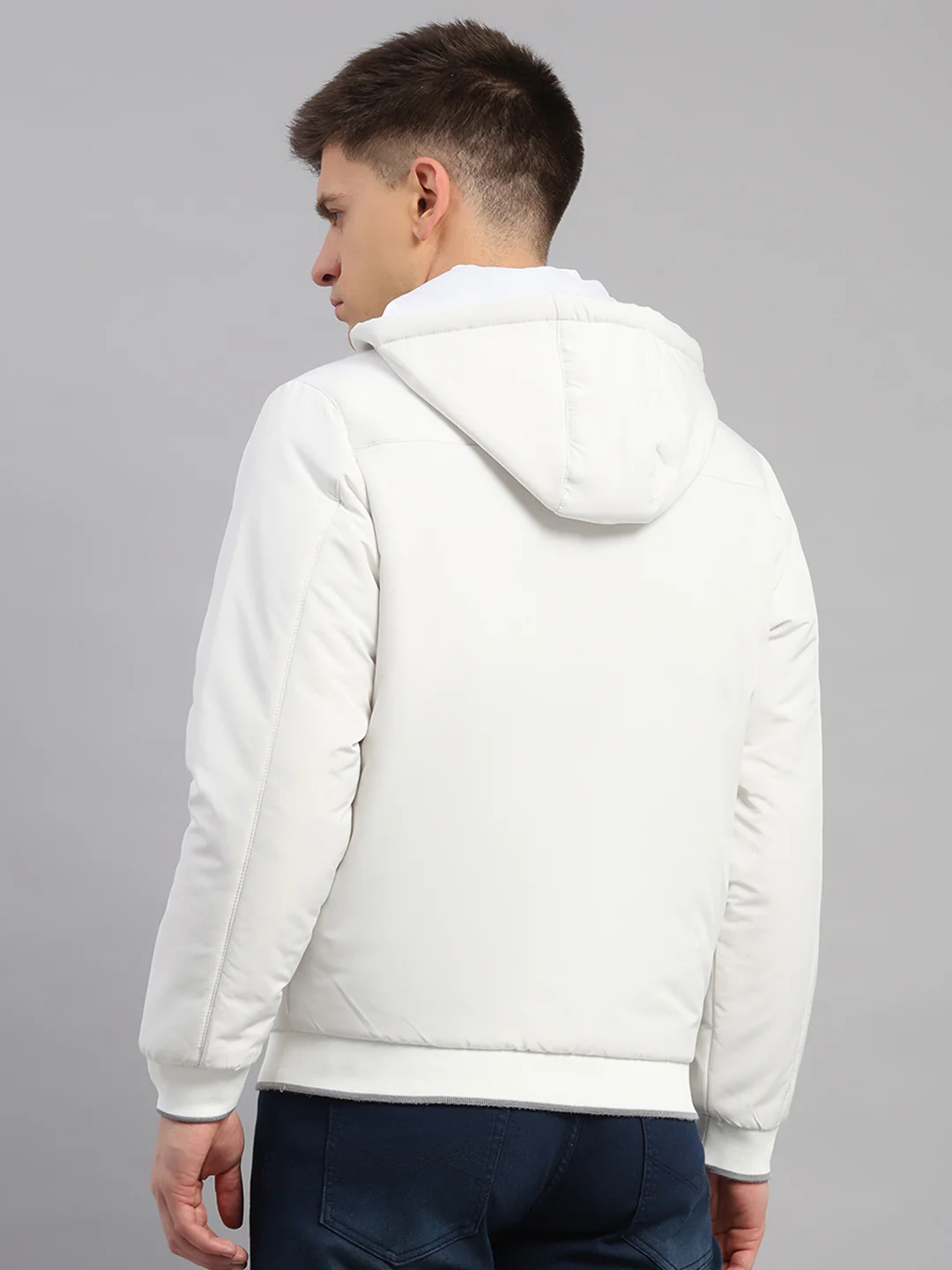 Men White Solid Hooded Full Sleeve Jacket - Image 5
