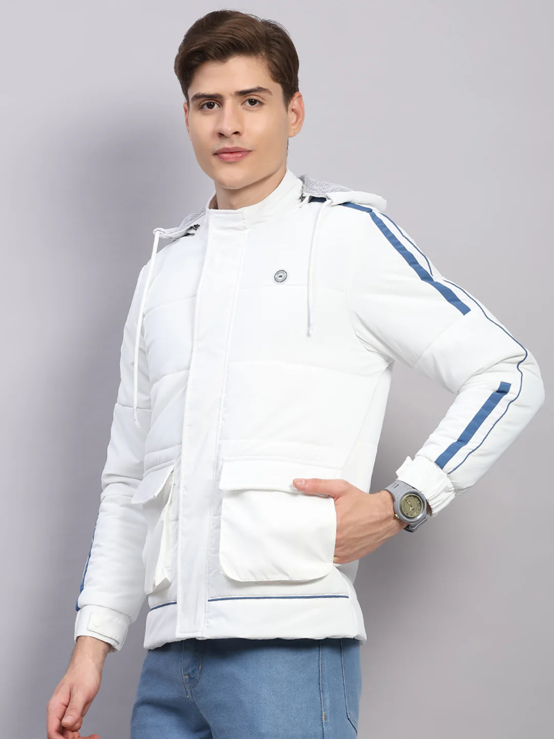 Men White Solid Hooded Full Sleeve Jacket - Image 3