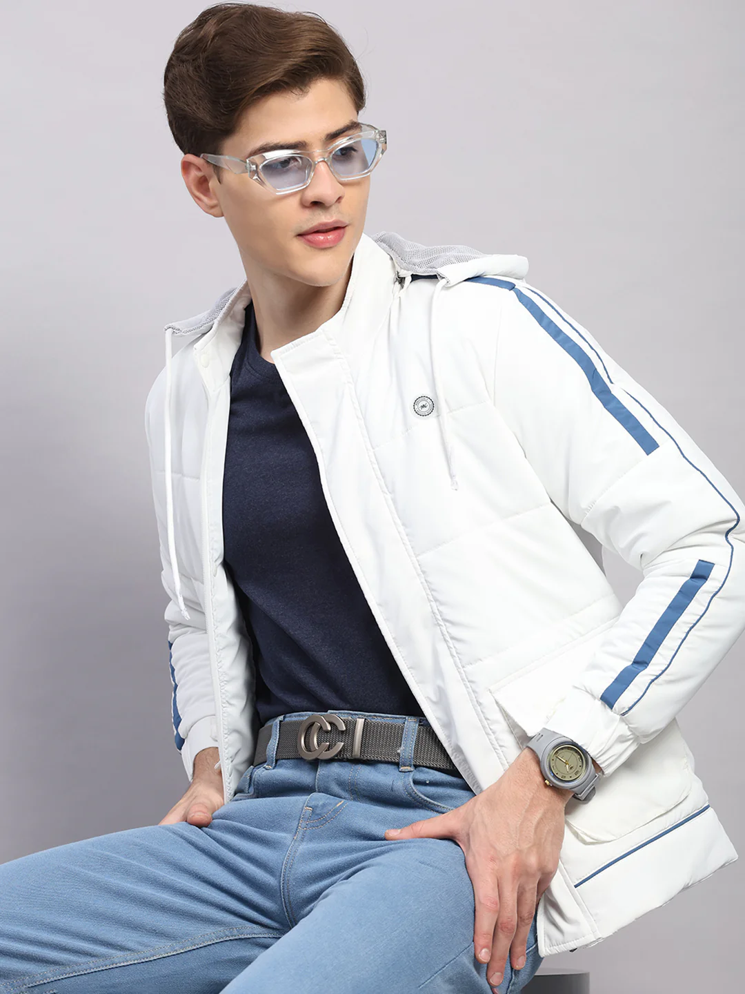Men White Solid Hooded Full Sleeve Jacket - Image 6