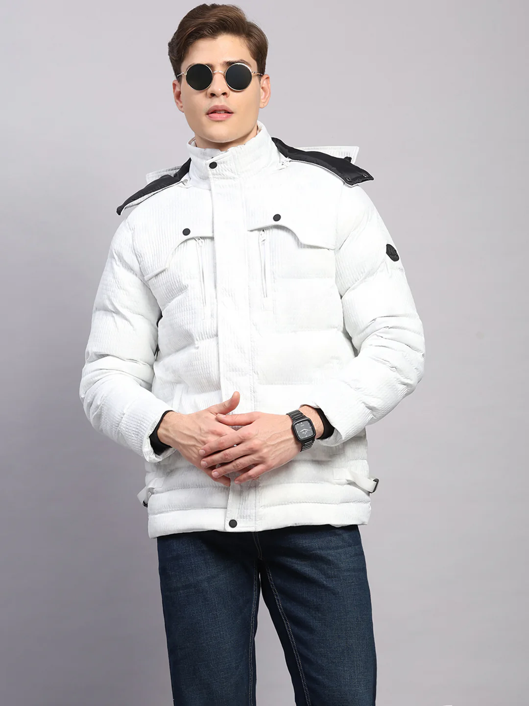 Men White Solid Hooded Full Sleeve Jacket - Image 6