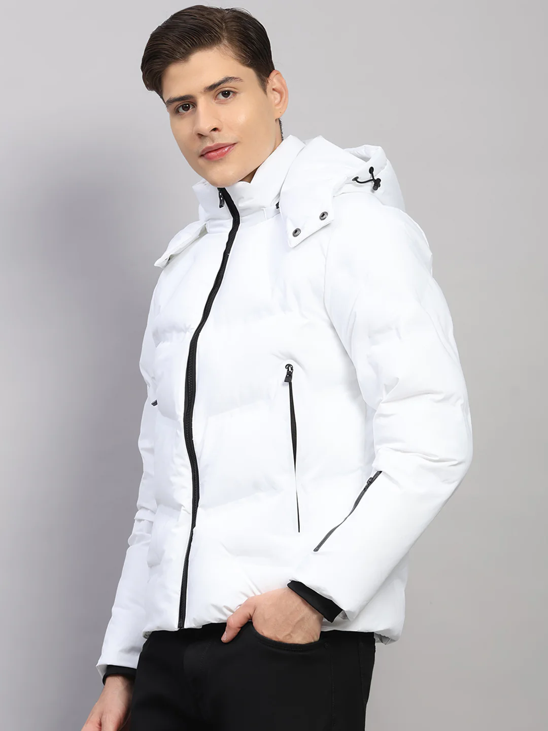 Luxuria Men White Solid Hooded Full Sleeve Jacket - Image 3