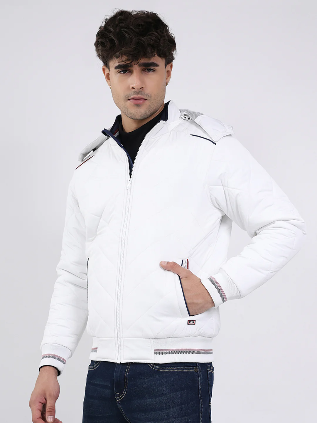 Men White Solid Hooded Full Sleeve Jacket - Image 3