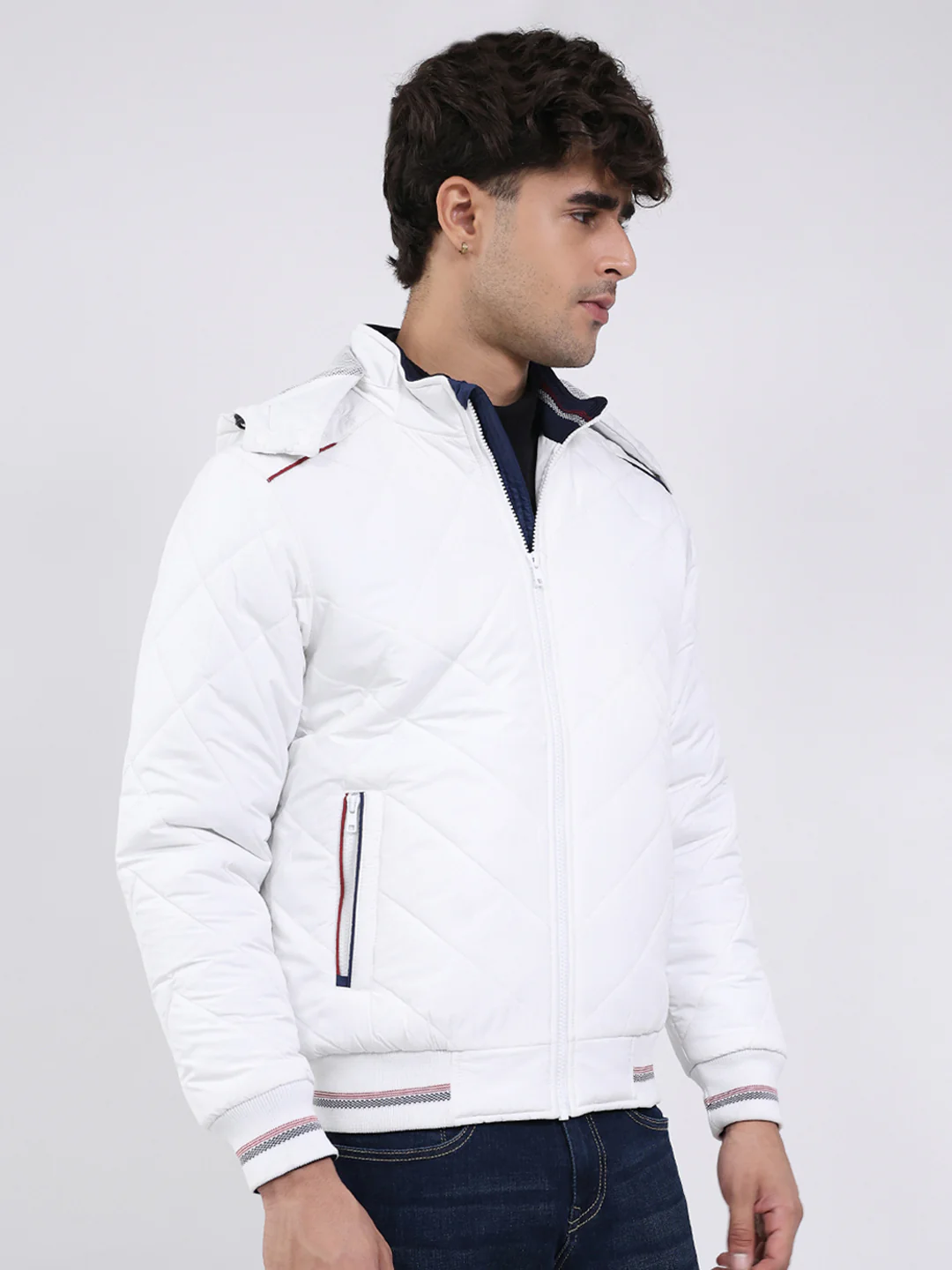 Men White Solid Hooded Full Sleeve Jacket - Image 4