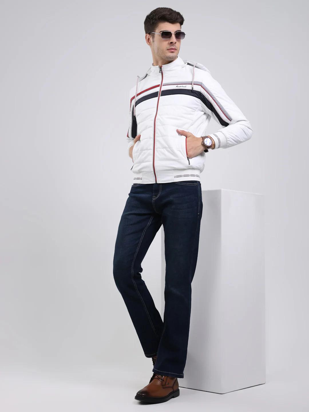 Men White Solid Hooded Full Sleeve Jacket - Image 2
