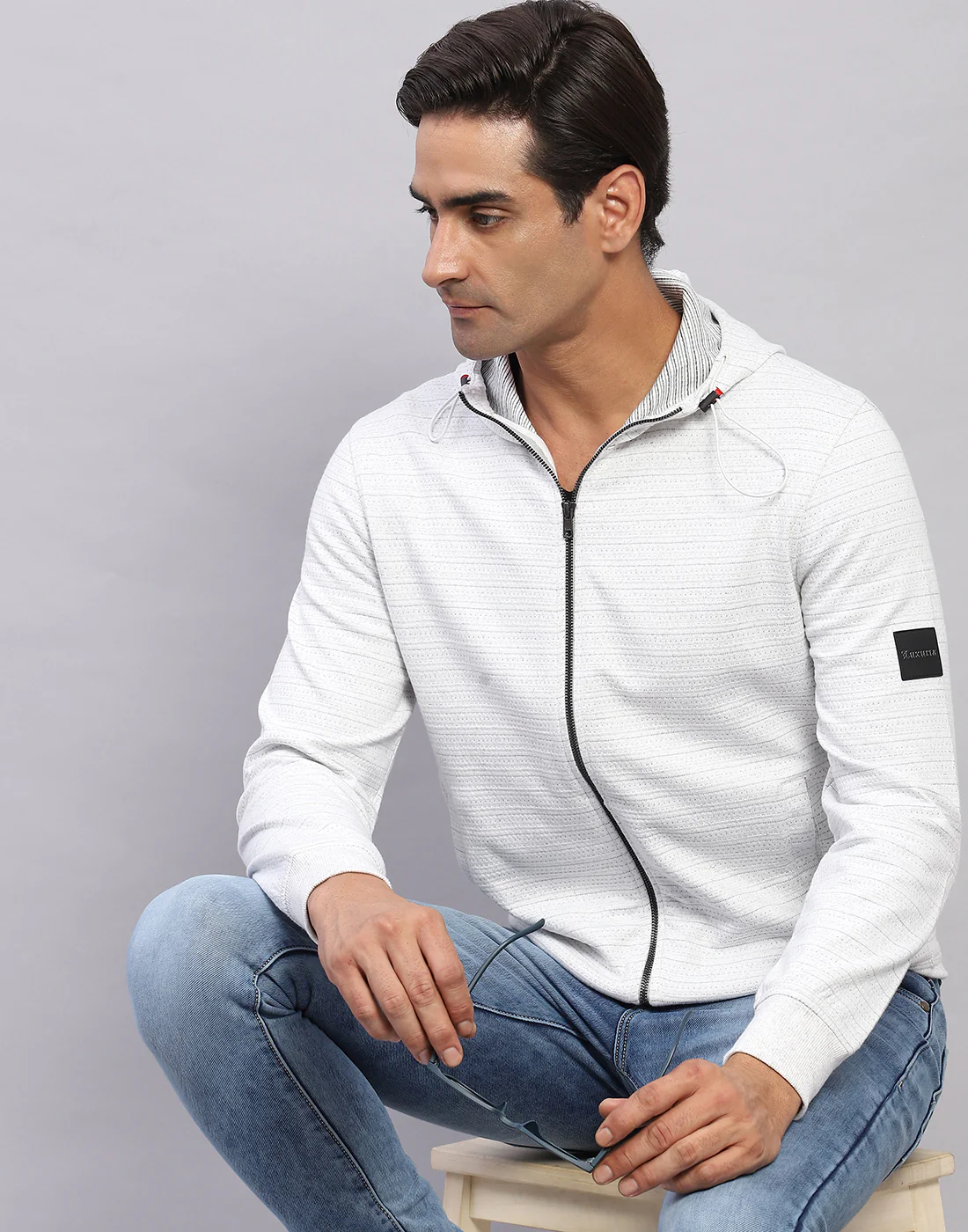 Men White Solid Hooded Full Sleeve Sweatshirt - Image 6