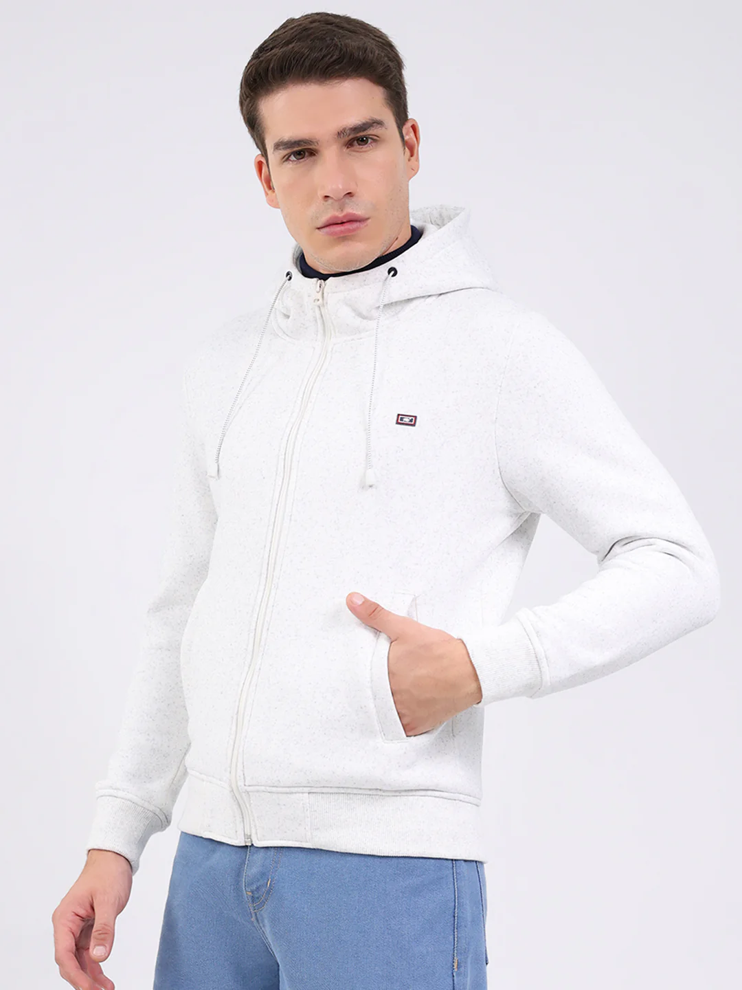 Men White Solid Hooded Full Sleeve Sweatshirt - Image 3