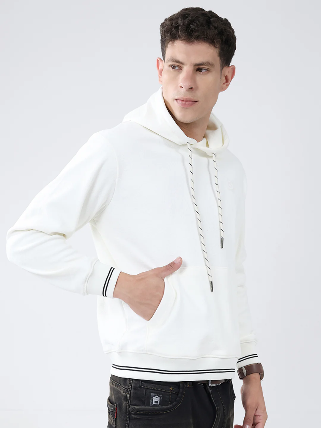 Men White Solid Hooded Full Sleeve Sweatshirt - Image 4
