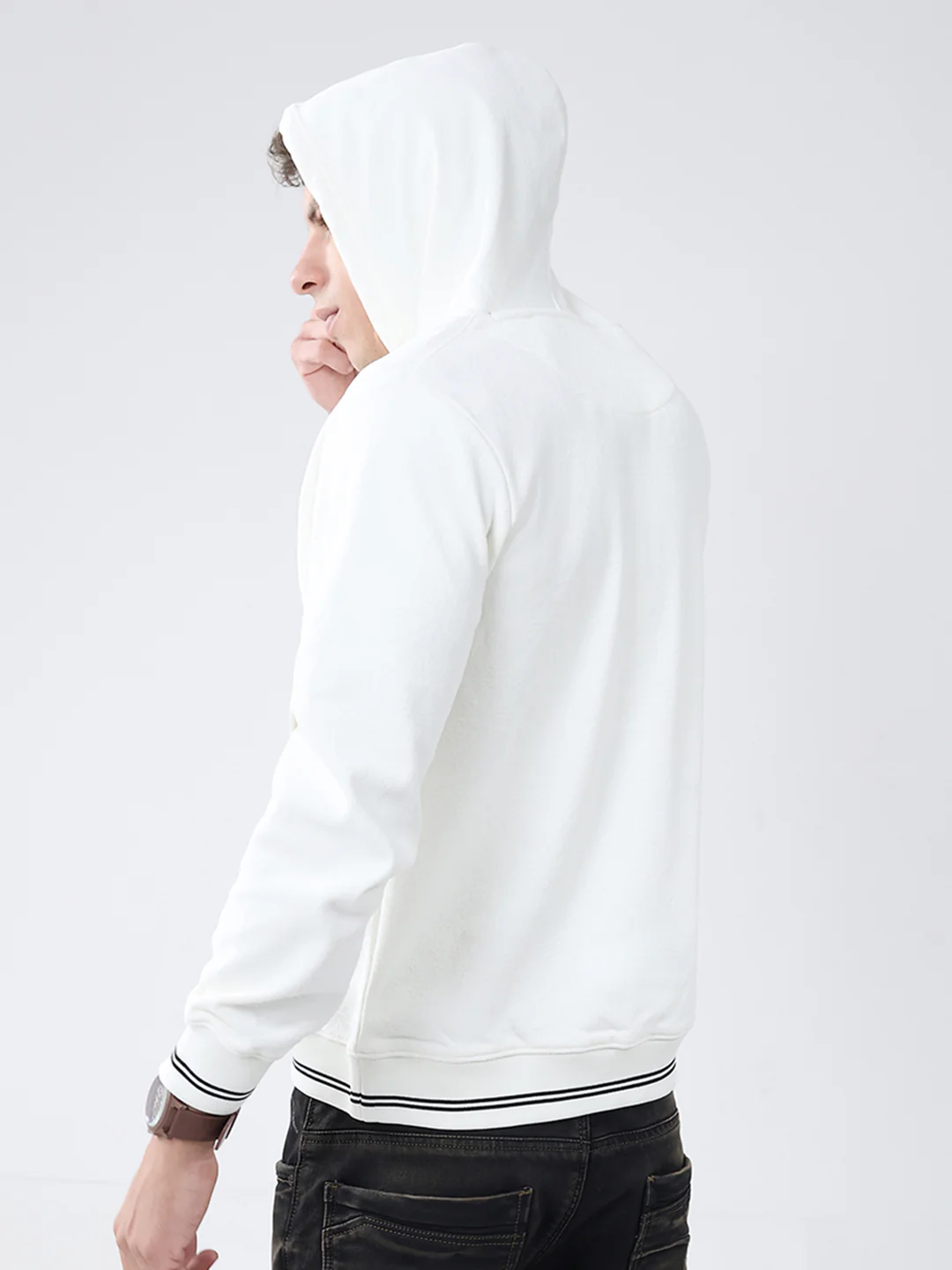 Men White Solid Hooded Full Sleeve Sweatshirt - Image 5