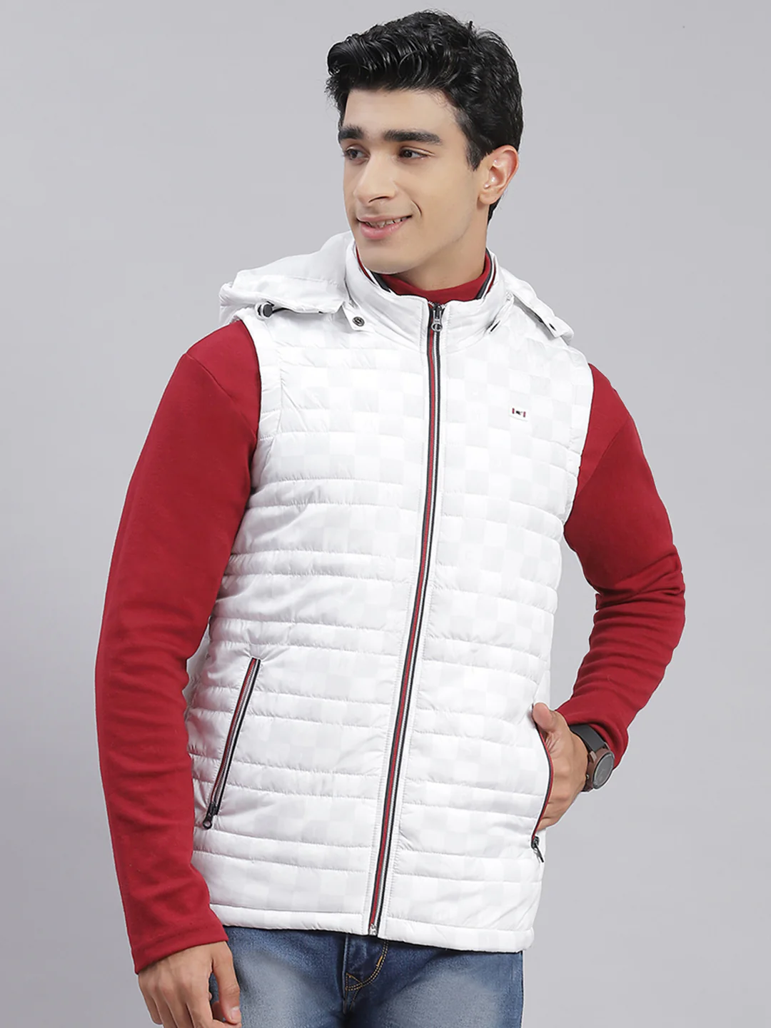 Men White Solid Hooded Sleeveless Jackets - Image 2