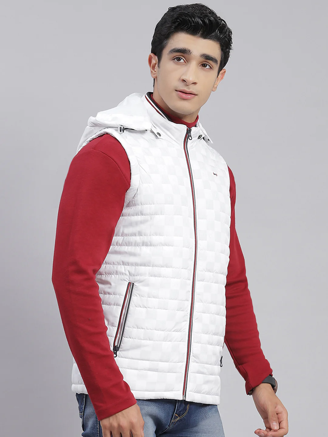 Men White Solid Hooded Sleeveless Jackets - Image 5