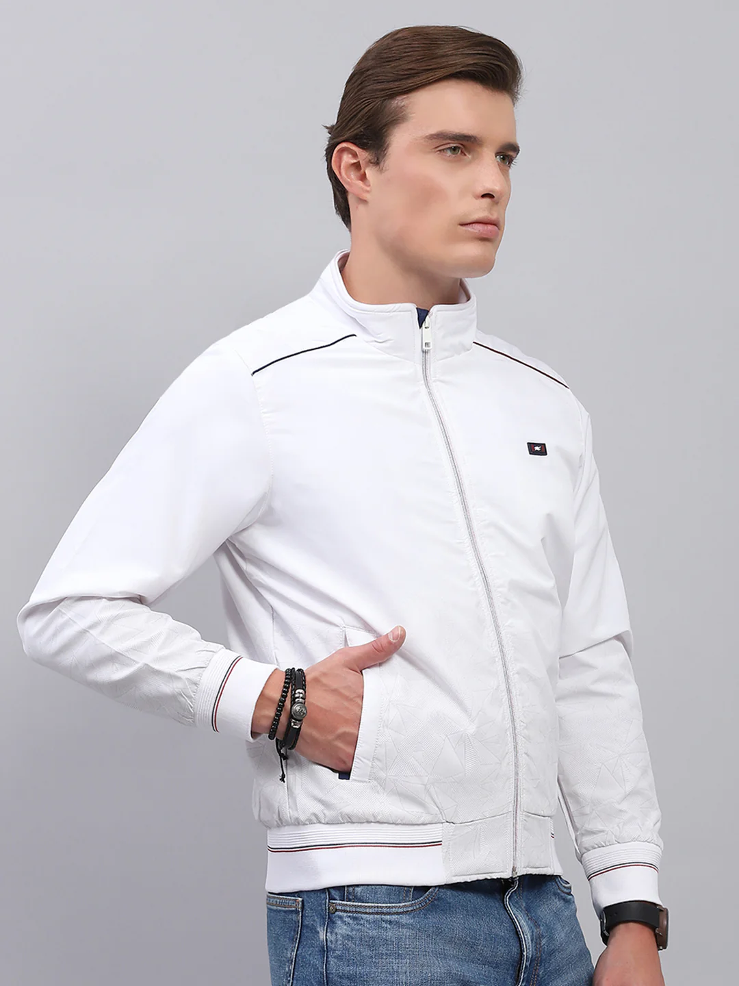Men White Solid Mock Neck Full Sleeve Jacket - Image 4